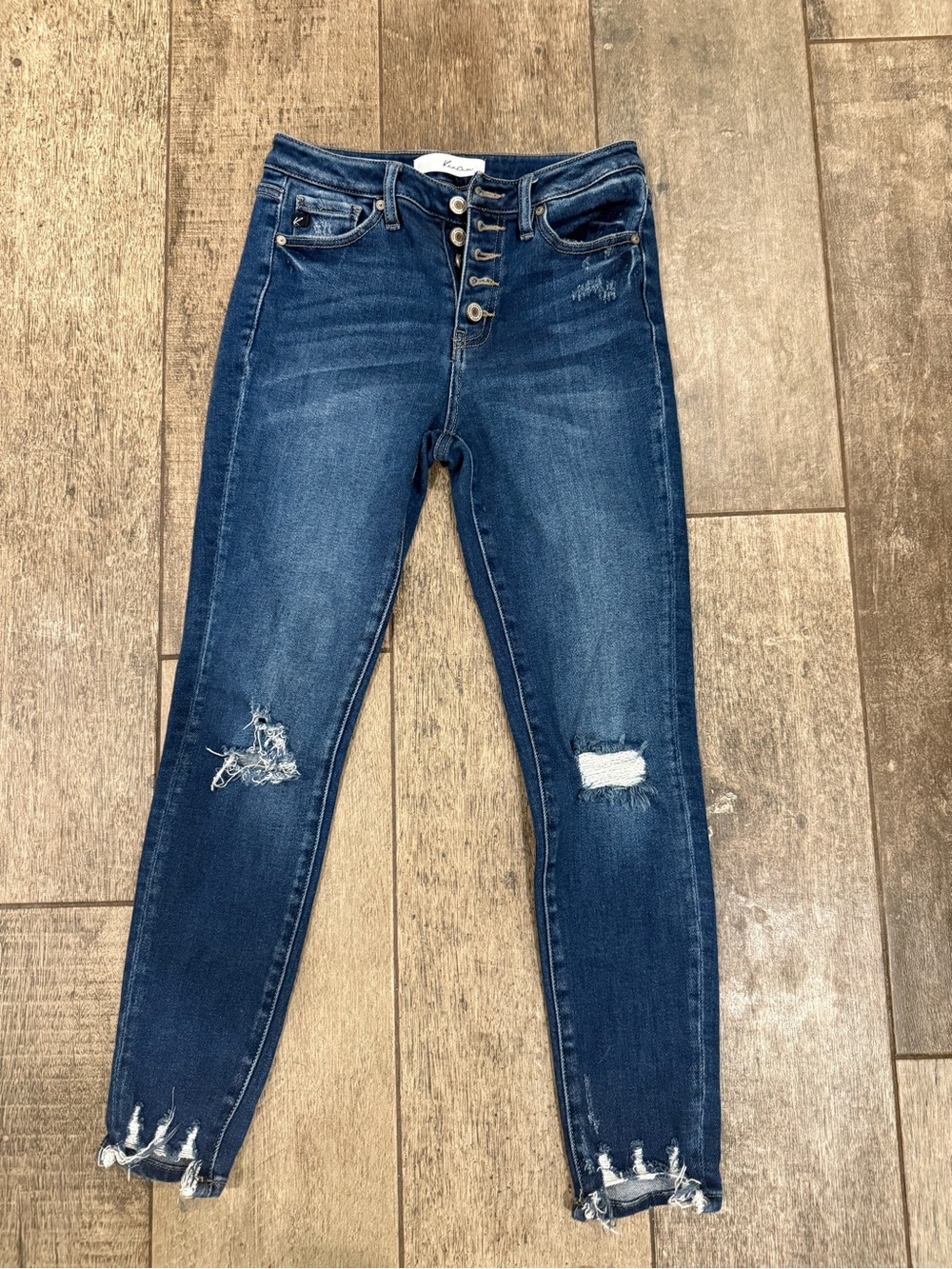 KanCan Dark Blue High-Rise Button-Fly Skinny Jeans with Distressed Details
